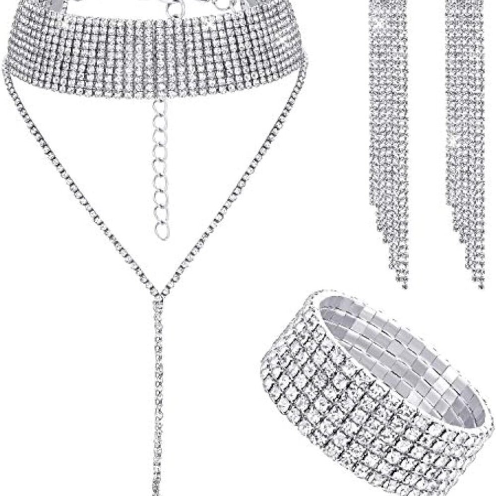 3 Pieces Women Rhinestone Jewelry Set Rhinestone Tassel Choker Necklace Fringe B